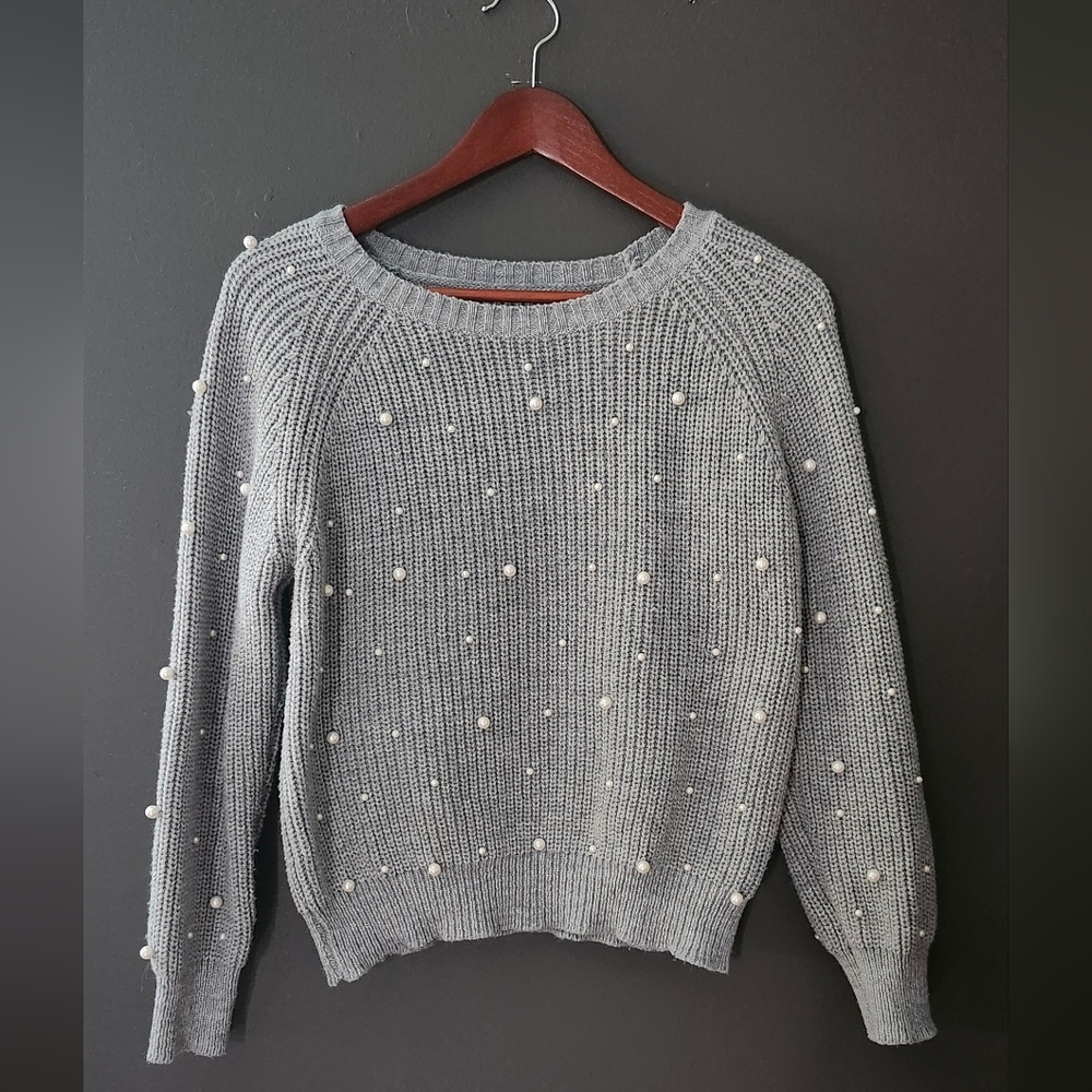 SHEIN Gray Crew Neck Sweater with Pearl Embellishments